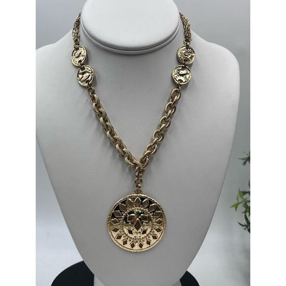 Chicos Chain Link Coin Station Round Rhinestone accent Pendant Necklace - Picture 3 of 12
